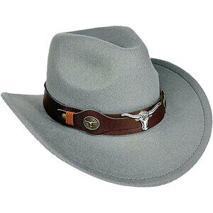 Unisex Grey 100% Polyester Bull Skull Patterned Band Classic Fedora Cowboy Hat